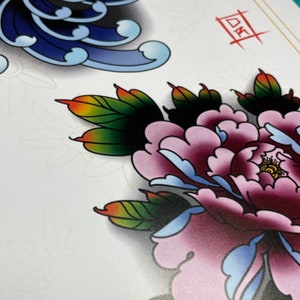 A4 Traditional Tattoo Flash - Japanese Chrysanthemum & Peony Art Print