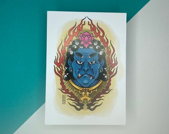 A6 Japanese Fudo Myoo Tattoo Art Print Postcard