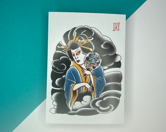 A6 Japanese Geisha Mini Sleeve Tattoo Print Postcard