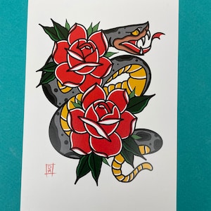 A6 Snake & Roses - Traditional Tattoo Art Print Postcard