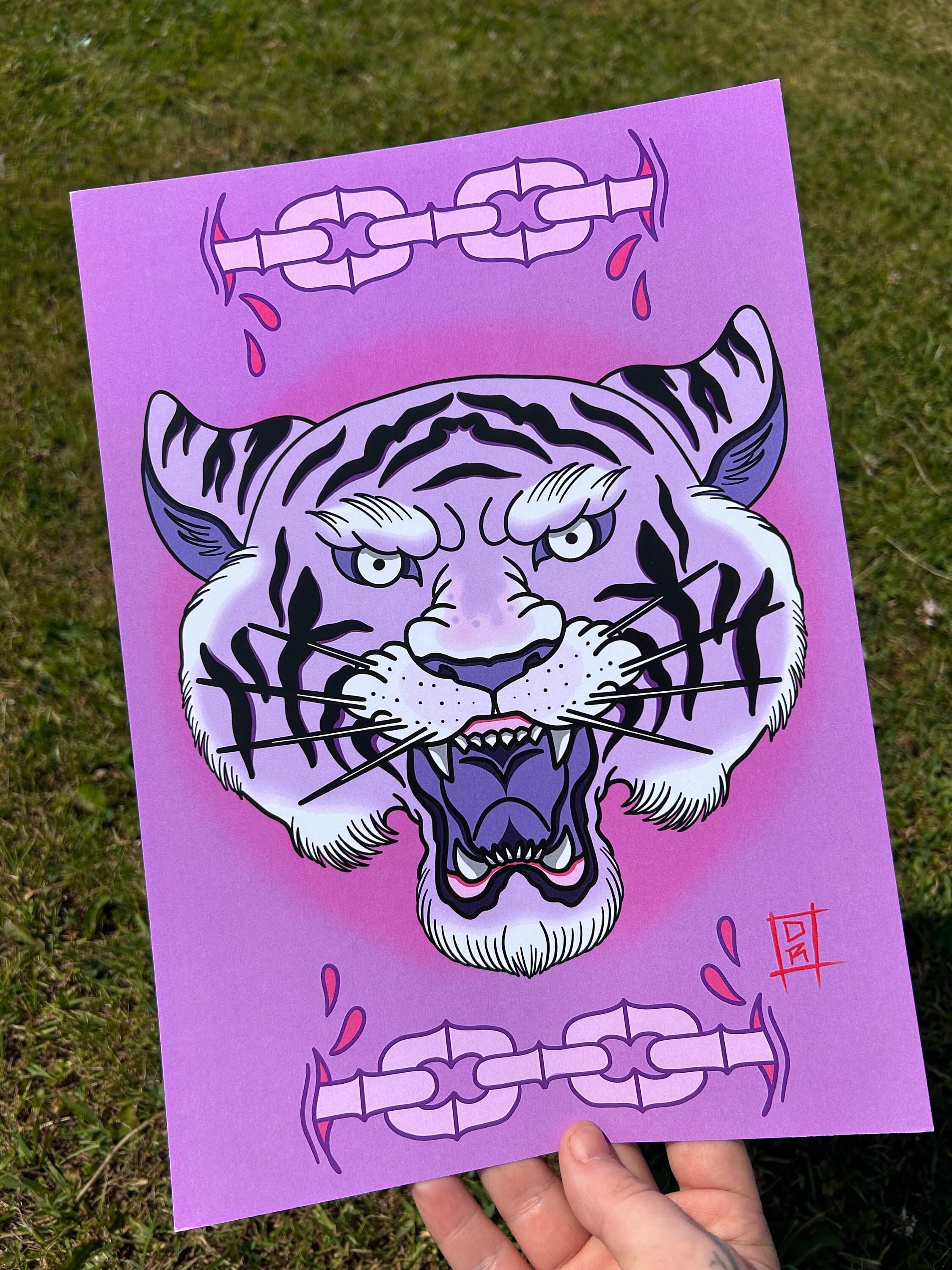 A4 Purple Tiger & Chains - Traditional Tattoo Art Print