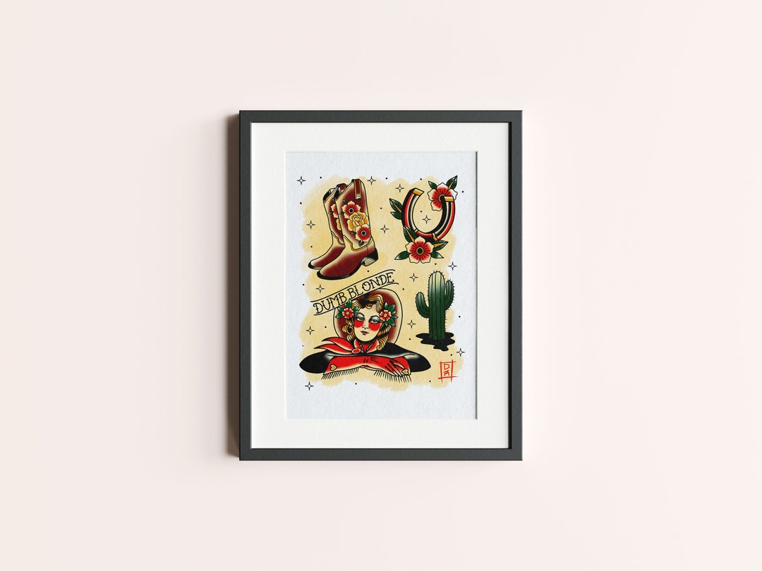 A4 Traditional Tattoo Flash - Cowgirl Tattoo Flash Art Print - Etsy