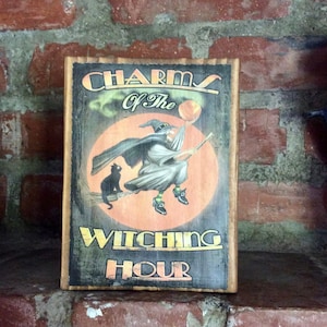 Primitive Witch Halloween Decoration, Farmhouse Halloween Wood Block, Black Cat & Witch Vintage Halloween  Shelf Mantel Decor,