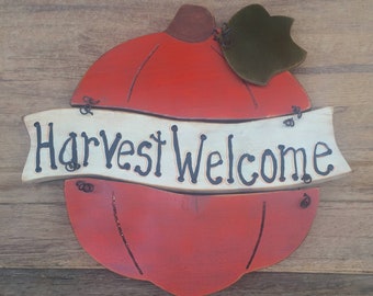 Primitive Wood Fall Door Pumpkin, Harvest Welcome, Wood Pumpkin, Fall Decorations, Farmhouse Fall Wood Sign