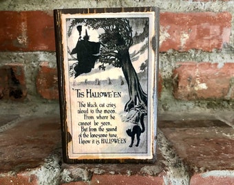 Vintage Halloween Sign Rustic Wood Block, Primitive Halloween Decor, Farmhouse Halloween Gift, Handmade Vintage Decor