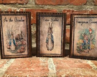 Vintage Farmhouse Peter Rabbit Easter Wood Blocks; Country Easter Sign Decorations; Easter Bunny Mantel Shelf Decor; Easter Hostess Gift