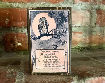 Vintage Halloween Wood Sign Decoration; Farmhouse Halloween Wood Block; Primitive Owl Halloween Block; Vintage Wise Old Owl Postcard Sign