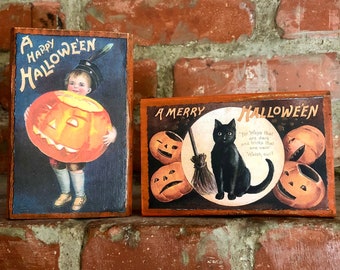 Vintage Halloween Wood Blocks; Vintage Halloween Shelf Sitters; Primitive Halloween Signs; Farmhouse Halloween Decorations