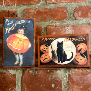 Vintage Halloween Wood Blocks; Vintage Halloween Shelf Sitters; Primitive Halloween Signs; Farmhouse Halloween Decorations