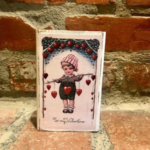 Country Farmhouse Valentine Home Decoration; Vintage Valentine Tier Tray; Primitive Small White Valentine Wood Block Sign; Valentine Mantel