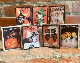 Vintage Halloween Label Wood Blocks: Rustic Farmhouse Tier Tray