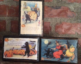 Vintage Halloween Postcard Wood Block Signs; Halloween Farmhouse Decorations; Primitive Halloween Shelf Sitter; Rustic Halloween Gifts