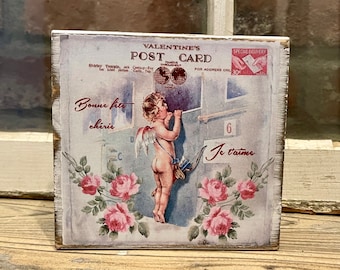 Vintage Valentine's Day Wood Block Sign: Victorian Cupid Shelf Sitter
