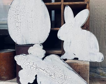 Rustic upcycled wood Easter shelf sitter, chippy crackle farmhouse bunny, egg, carrot decor