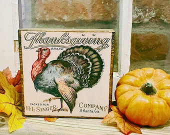 Vintage Thanksgiving Wood Block; Primitive Thanksgiving Decoration; Fall Shelf Decoration; Farmhouse Turkey Thanksgiving Wood Block Sign