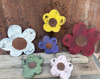 Rustic Upcycled Tin Flower Wall Art |Primitive Wood Garden Decor | Colorful Wood Flowers