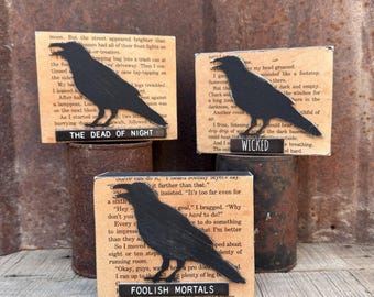 Primitive Halloween Crow Shelf Sitters | Spooky Vintage Book Page Blocks | Gothic Farmhouse Halloween Decor |  Fall Raven Tiered Tray Signs