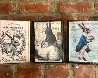 Vintage French Farmhouse Easter Wood Block Decorations; Country Easter Rabbit Wood Mantel Shelf Sign; Easter Home Decor; Easter Hostess Gift