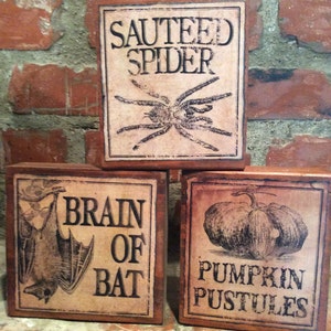 Vintage Halloween Wood Blocks; Farmhouse Halloween Decorations; Primitive Halloween Label Signs; Rustic Halloween Decorations