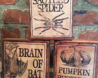 Vintage Halloween Wood Blocks; Farmhouse Halloween Decorations; Primitive Halloween Label Signs; Rustic Halloween Decorations