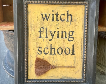 Rustic Witch Flying School Sign: Spooky Halloween Wall Decor with Broom