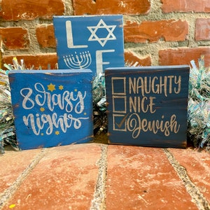 Distressed Hanukkah Wood Block Signs: Primitive Shelf Sitters