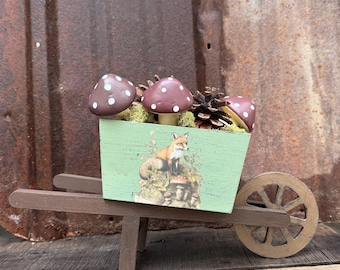 Primitive Green Wooden Wheelbarrow With Moss & Mushrooms| Vintage Fox Autumn Tiered Tray Decor | Rustic Woodland Fall Centerpiece