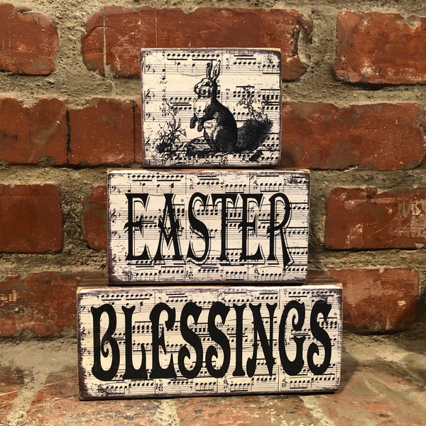 Farmhouse Country Easter Blessing Wood Trio Blocks; Vintage Easter Music Sheet Signs; Primitive Easter Decorations;Easter Mantel;Easter Gift