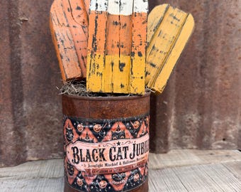 Rustic Halloween Candy Corn & Black Cat Tin Centerpiece | Primitive Halloween Decor | Vintage Black Cat Tin | Farmhouse Halloween