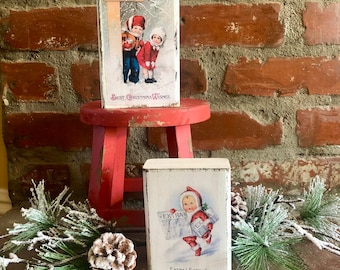 Vintage Christmas Home Decor; Farmhouse Country Christmas Wood Block; Primitive Christmas Tier Tray; Rustic Christmas Mantel; Christmas Gift