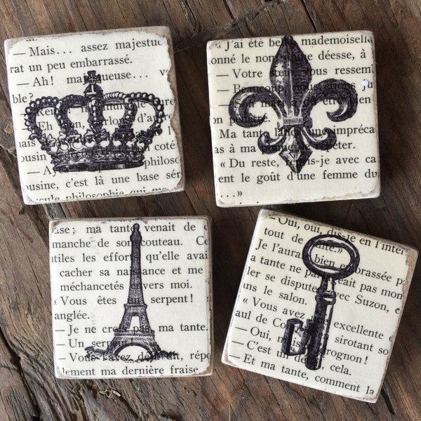 Vintage French Tile Magnets; Vintage French Kitchen Magnets; Hostess Gift; French Stamped Shabby Chic Magnets; Farmhouse Office Magnets