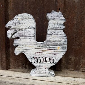 Rustic Wooden Rooster Figurine, French Country Farmhouse Kitchen Decor, Distressed Cocorico Rooster Tabletop Sign, Reclaimed Wood Style