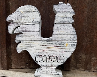 Rustic Wooden Rooster Figurine, French Country Farmhouse Kitchen Decor, Distressed Cocorico Rooster Tabletop Sign, Reclaimed Wood Style