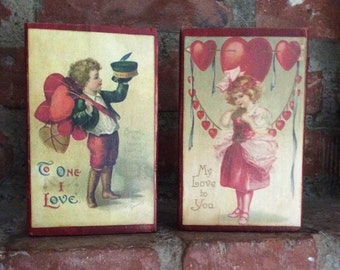 Vintage Farmhouse Valentines; Primitive Valentines Wood Blocks; Valentine's Day Decorations; Country Valentine Wood Sign