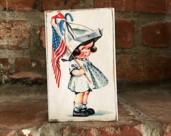 Vintage 4th of July Wood Block: Patriotic Farmhouse Decor