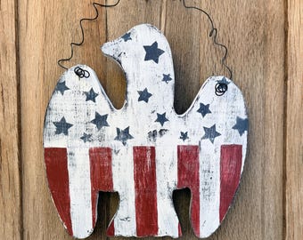 Primitive Americana Wood Eagle Wall Hanging – Hand-Painted Rustic Folk Art