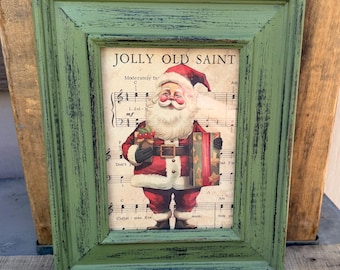 Vintage Santa Claus Christmas Wall Art, Distressed Green Framed Holiday Decor, Jolly Old Saint Nicholas Sheet Music Art, Rustic Xmas Gift