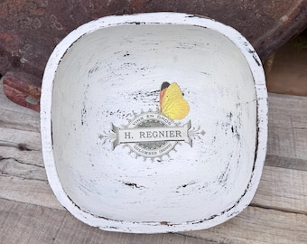 Rustic Distressed Wood Bowl – Vintage French Butterfly Decor – Shabby Chic Trinket Dish – Hand-Painted White Wooden Dough Bowl