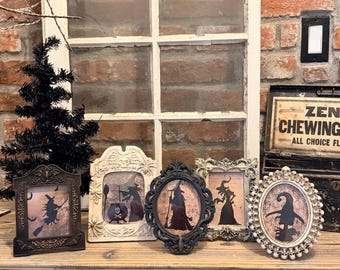 Farmhouse Spooky Halloween Decor | Witch Silhouette Tabletop Picture Frames | Victorian Halloween Gothic Shelf Accent