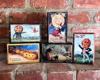 Primitive Halloween Wood Block, Rustic Vintage Postcard Decor