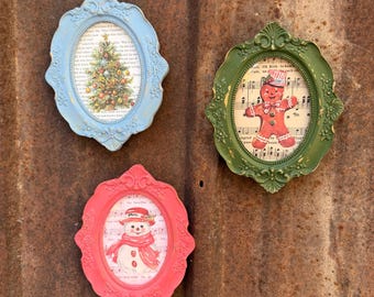 Kitschy Christmas Fridge Magnets |  Retro Gingerbread Snowman Tree Holiday Decor | Small Christmas Gift Idea | Christmas Framed Magnet Set