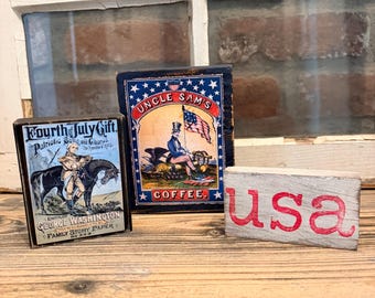 Patriotic Tiered Tray Decor Set, 4th of July Wood Block, Vintage Americana Folk Art, Uncle Sam & George Washington Rustic Shelf Sitter Signs