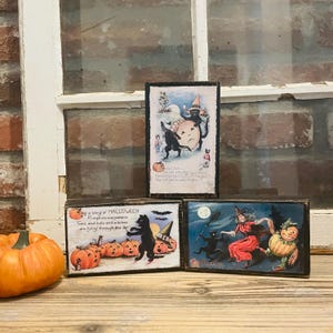 Vintage Halloween Postcard Wood Block Signs; Halloween Farmhouse Decorations; Primitive Halloween Shelf Sitter; Rustic Halloween Gifts