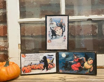 Vintage Halloween Postcard Wood Block Sign: Black Cat Decor