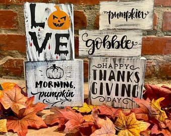 Primitive Farmhouse Thanksgiving Tier Tray Decorations; Recycled White Wood Thanksgiving Signs; Rustic Thanksgiving Fall Kitchen Decor