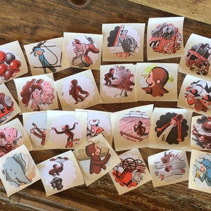 May include: A collection of 25 colorful stickers featuring a monkey character in various scenes. The stickers are printed on white paper with a scalloped edge and are perfect for adding a touch of whimsy to any project.