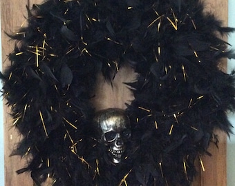 Black and Gold Halloween Feather Wreath; Halloween Skull Wreath; Halloween Front Door Wreath; Halloween Decorations;