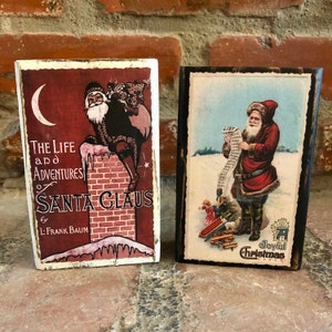 Primitive Vintage Christmas Santa Wood Blocks; Farmhouse Shelf Mantel Tiered Tray Christmas Signs; Christmas Holiday Hostess Gift Decoration