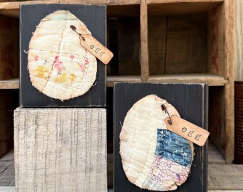 Primitive Easter Quilt Egg Decor; Rustic Spring Shelf Sitter; Farmhouse Easter Tier Tray; Small Vintage Easter Gift