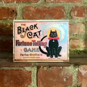 Vintage Halloween Black Cat Wood Block: Farmhouse Fortune Telling Decor